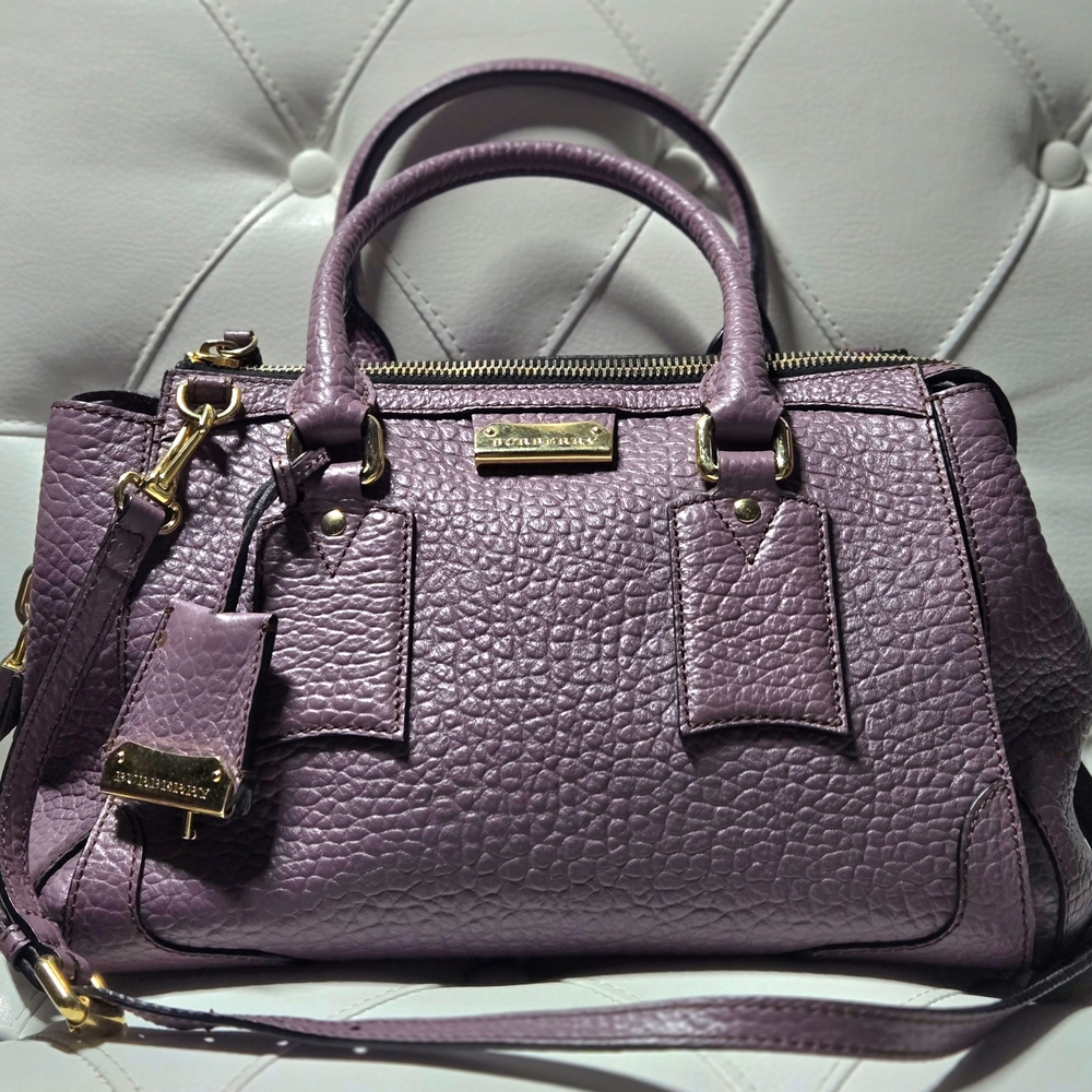 Burberry Purple Heritage Grain Leather Small Gladstone Bag. COA